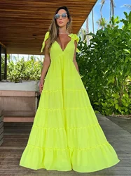 Multicolor Solid Beach Dresses For Women 2024 Sexy Sleeveless Bikini Cover Ups Hollow Out Long Dress V-neck Bodycon Beachwear