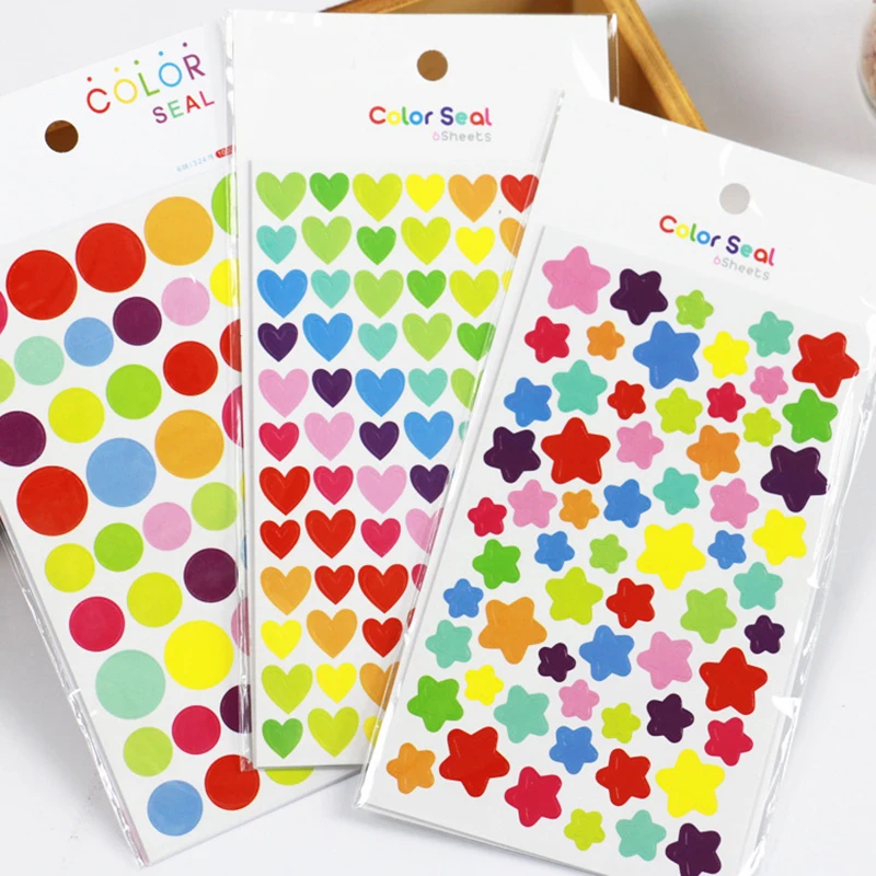 6 Sheets Stickers Dots Star Heart Colorful Children DIY Accessories Sticker Diary Decoration Growth Handbook Kids Rewards TMZ