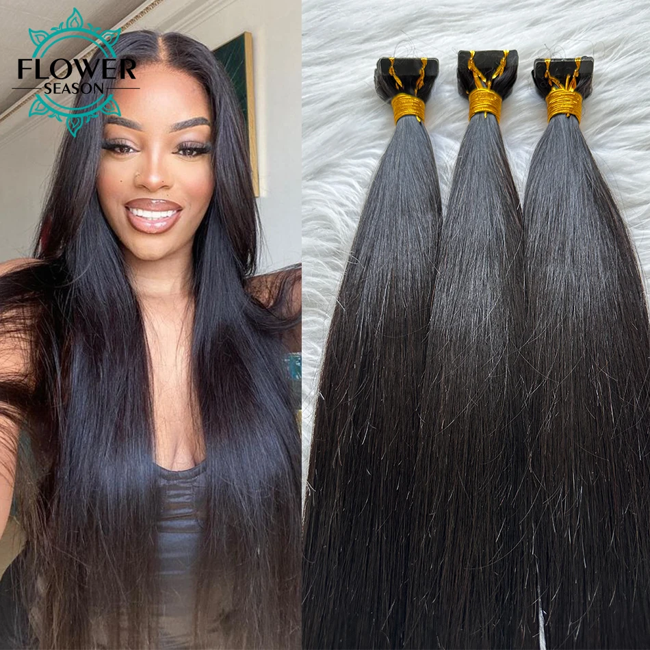 Plester lurus dalam ekstensi rambut manusia 100% lem perekat pakan kulit Remy pada pita dalam rambut untuk wanita 40 buah/set warna alami