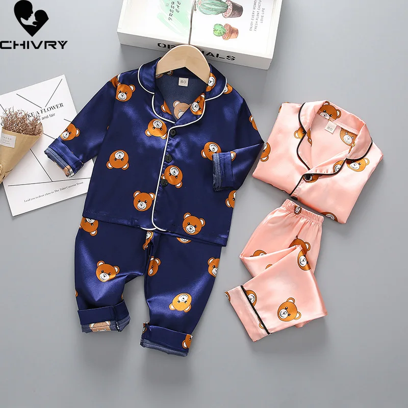 Kids Boys Girls Silky Pajama Sets Cartoon Long Sleeve Lapel Shirt Tops with Pants Baby Spring Summer Sleeping Clothes Home Wear