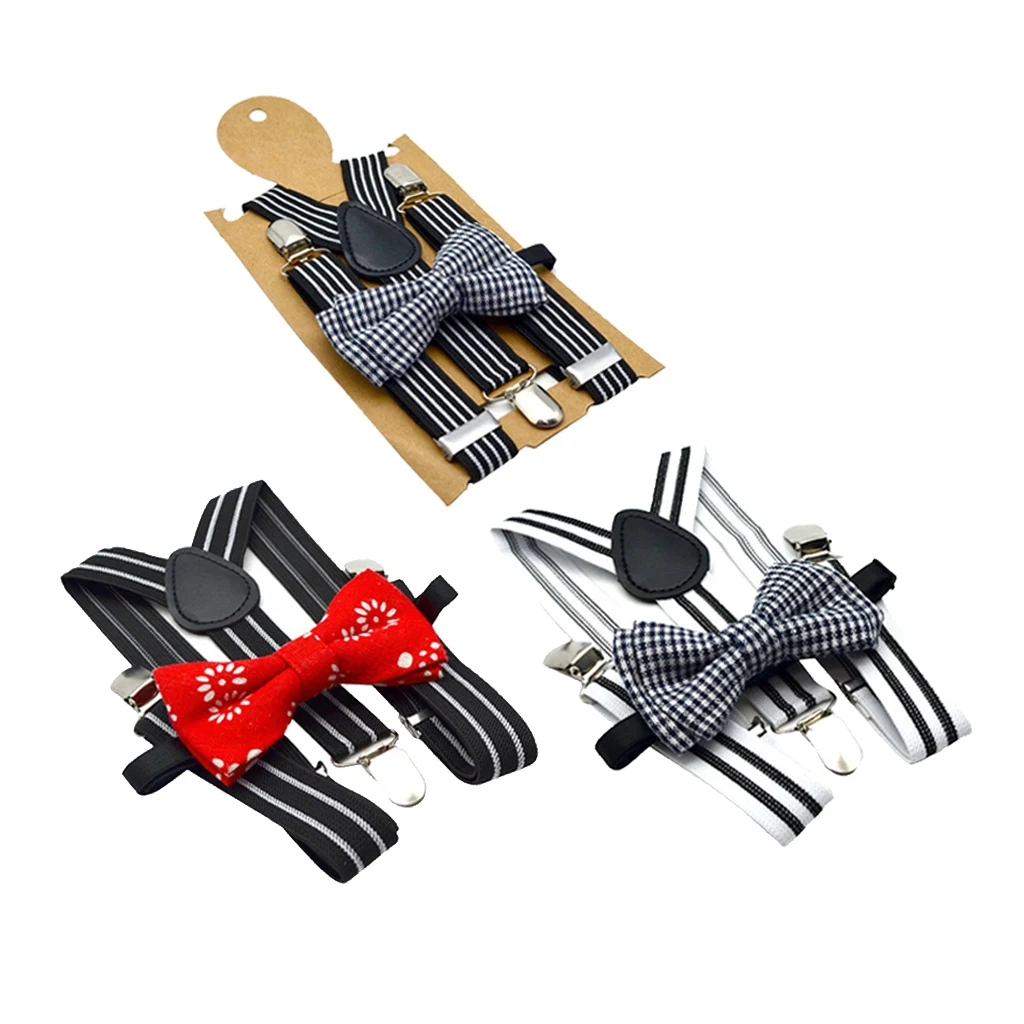 Gestreifte Hosenträger für Herren mit Fliege, robuste Hosenträger mit Clip-Riemen