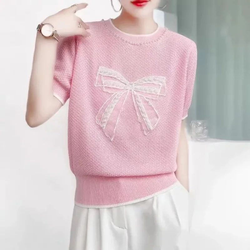 Fashion O-Neck Spliced All-match Bow Beading Blouse Female Clothing 2023 Summer New Casual Pullovers Tops Loose Commute Shirt