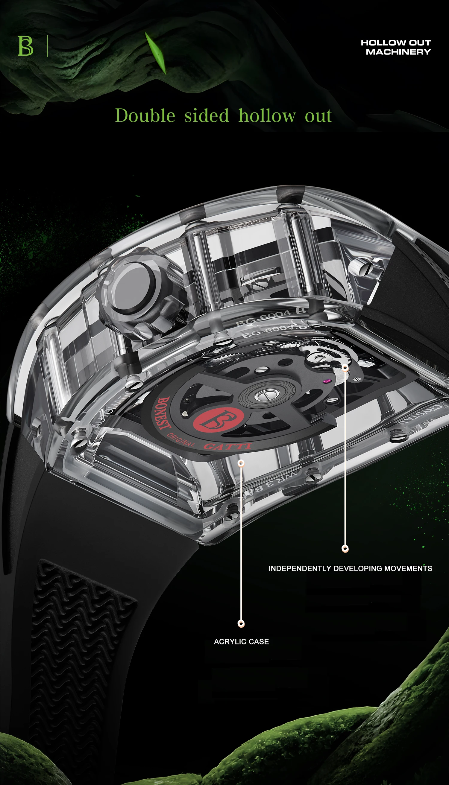 Reloj Automático BONEST GATTI para hombre, reloj de pulsera mecánico con carcasa acrílica Tonneau de 45mm, esfera de serpiente con esqueleto luminoso resistente al agua hasta 50M