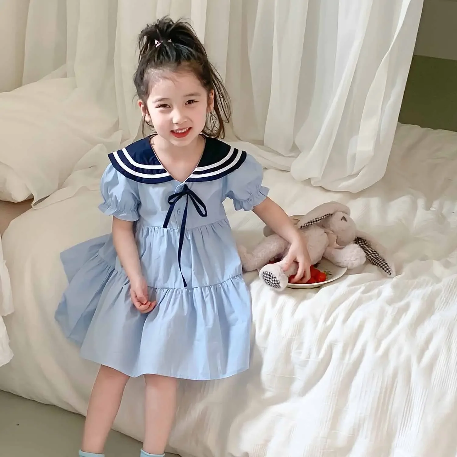 

2025 Sunner New Baby Girls Dress Blue Navy Style Birthday Princess Dresses Children Clothes Kids Vestidos for 1-7Years old girls