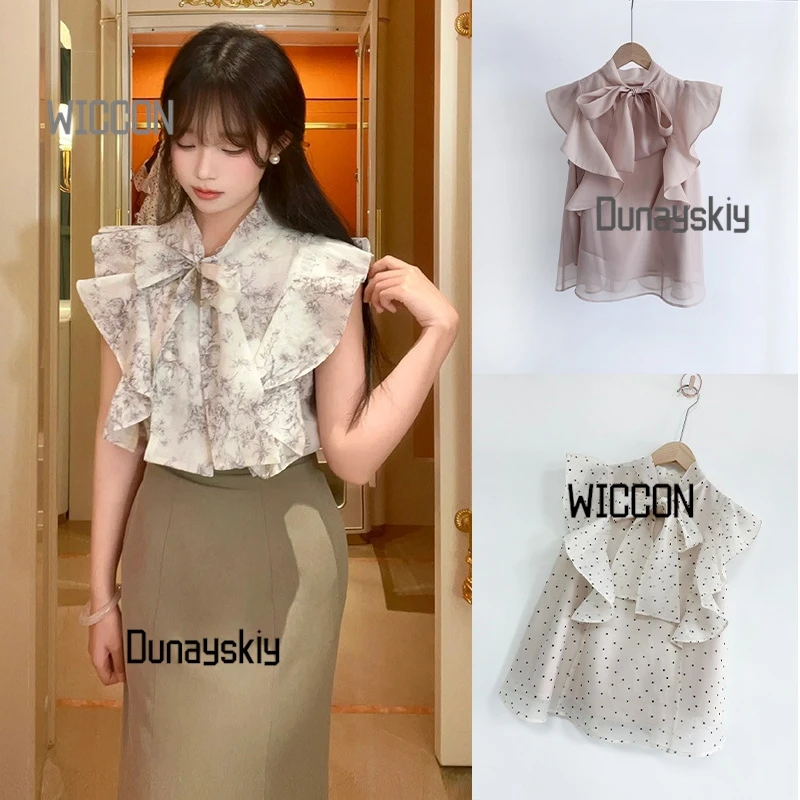 

Jirai Kei Gothic Sweet Ruffle Bow Tie Chiffon Two Wear Sleeveless Shirt high quality daily cosplay Halloween Valentine's Day