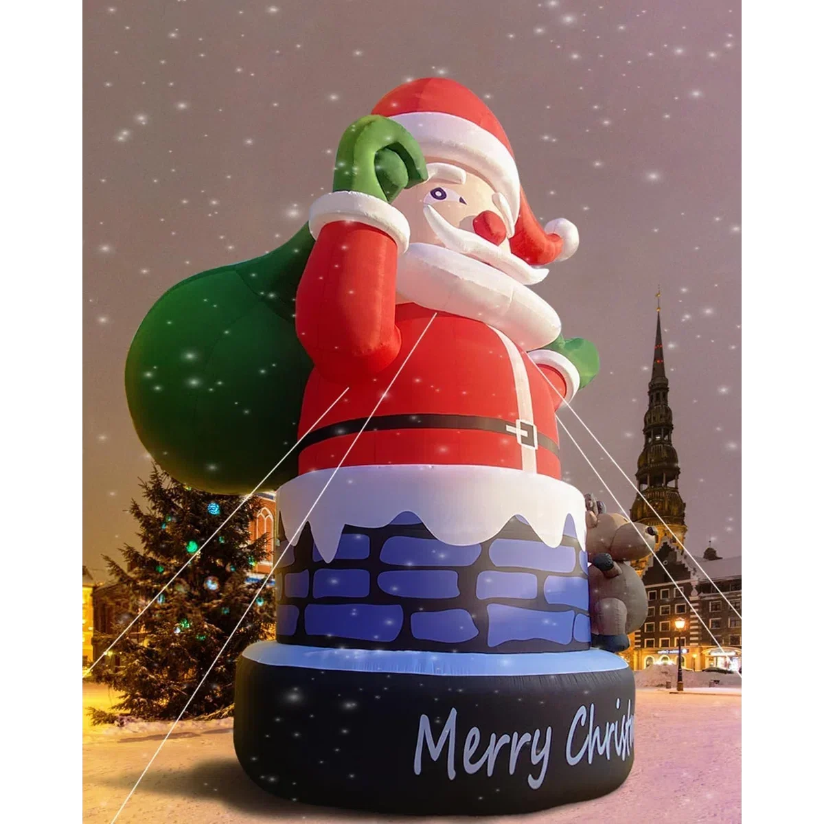 Babbo Natale gonfiabile gigante da 20 piedi nel camino con renna, grande Babbo Natale con ventilatore d'aria per la decorazione natalizia all'aperto