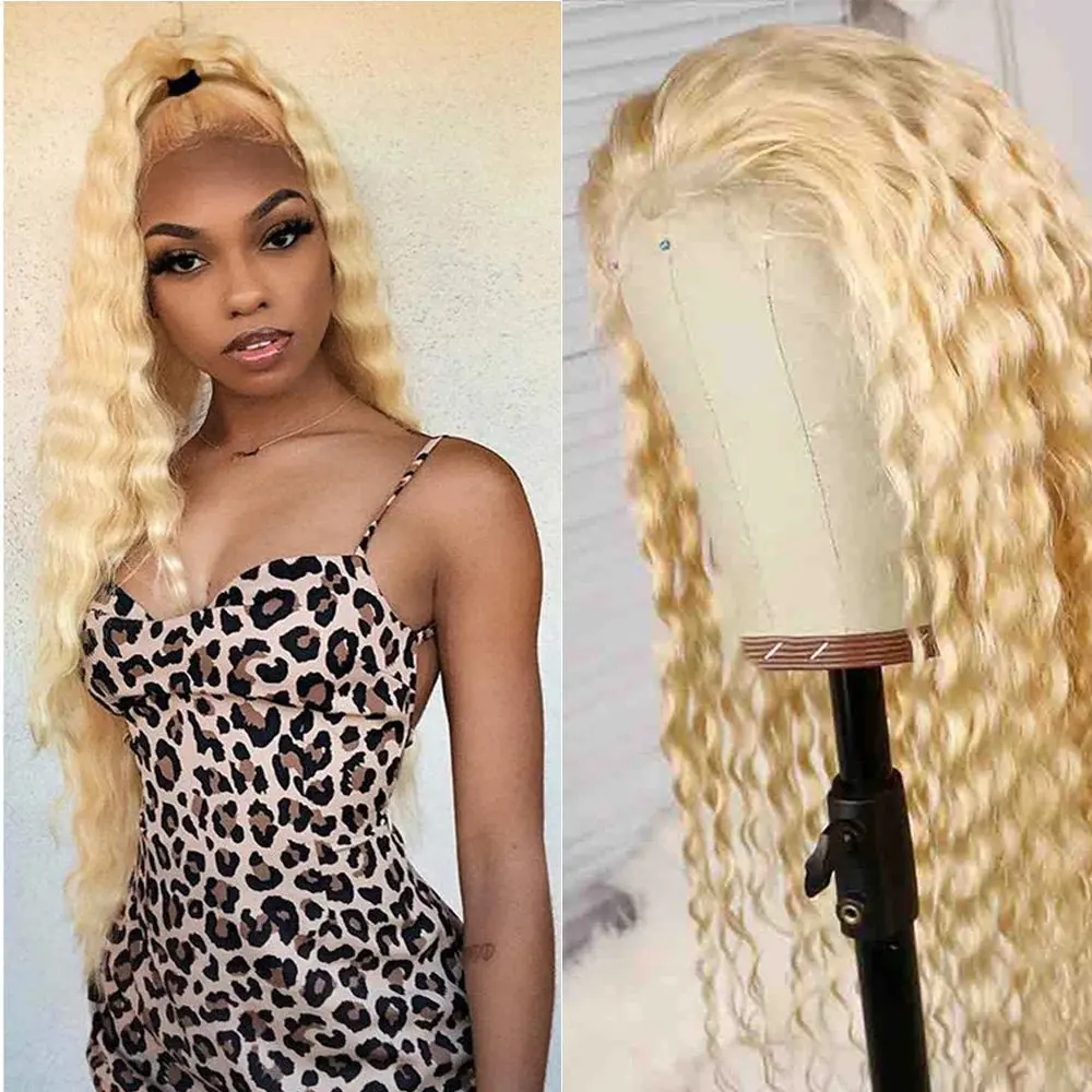 13x4 Lace Forehead Human Hair Wig 180% 613 Blonde  Deep Wave Blonde 20 36 Inch Glueless Curly Hair  Women Human Hair Wigs