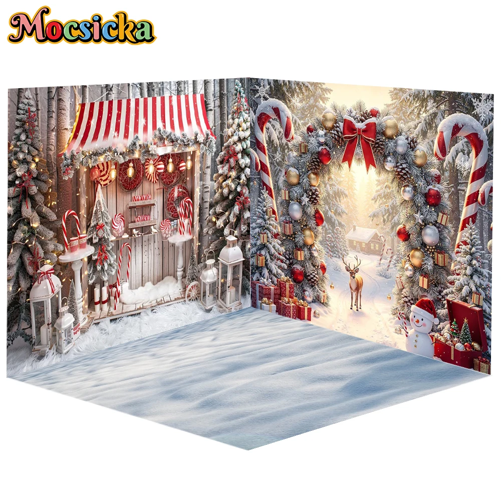 Mocsicka Photography Backdrop Christmas Home Winter Snow Candy Store Photo Background Xmas Tree Family Kids Portrait Party Decor