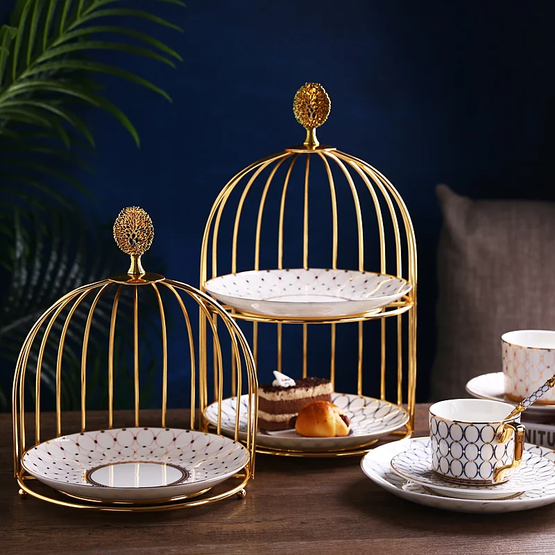 Iron Ceramic Cake Stand 2-layer Pan Dessert Plate Pastry Rack Candy Snack Tray Fruit Refreshment Dim Sum Plates