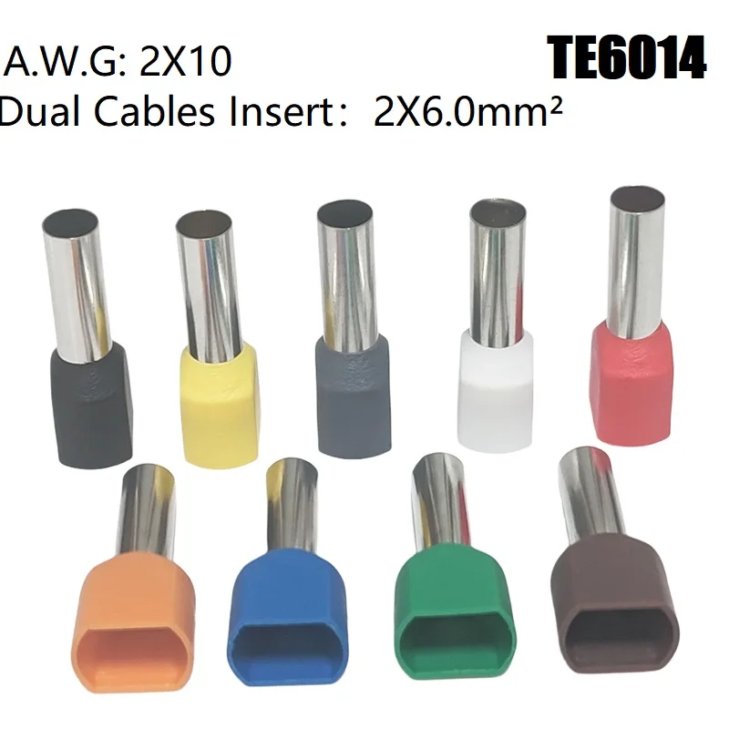 50PCS A.W.G 2X10 Pure Copper Dual Cables Connection TE6014 2x6.0mm² Insulated Crimping Cable Terminal Electrical Ferrules Cord