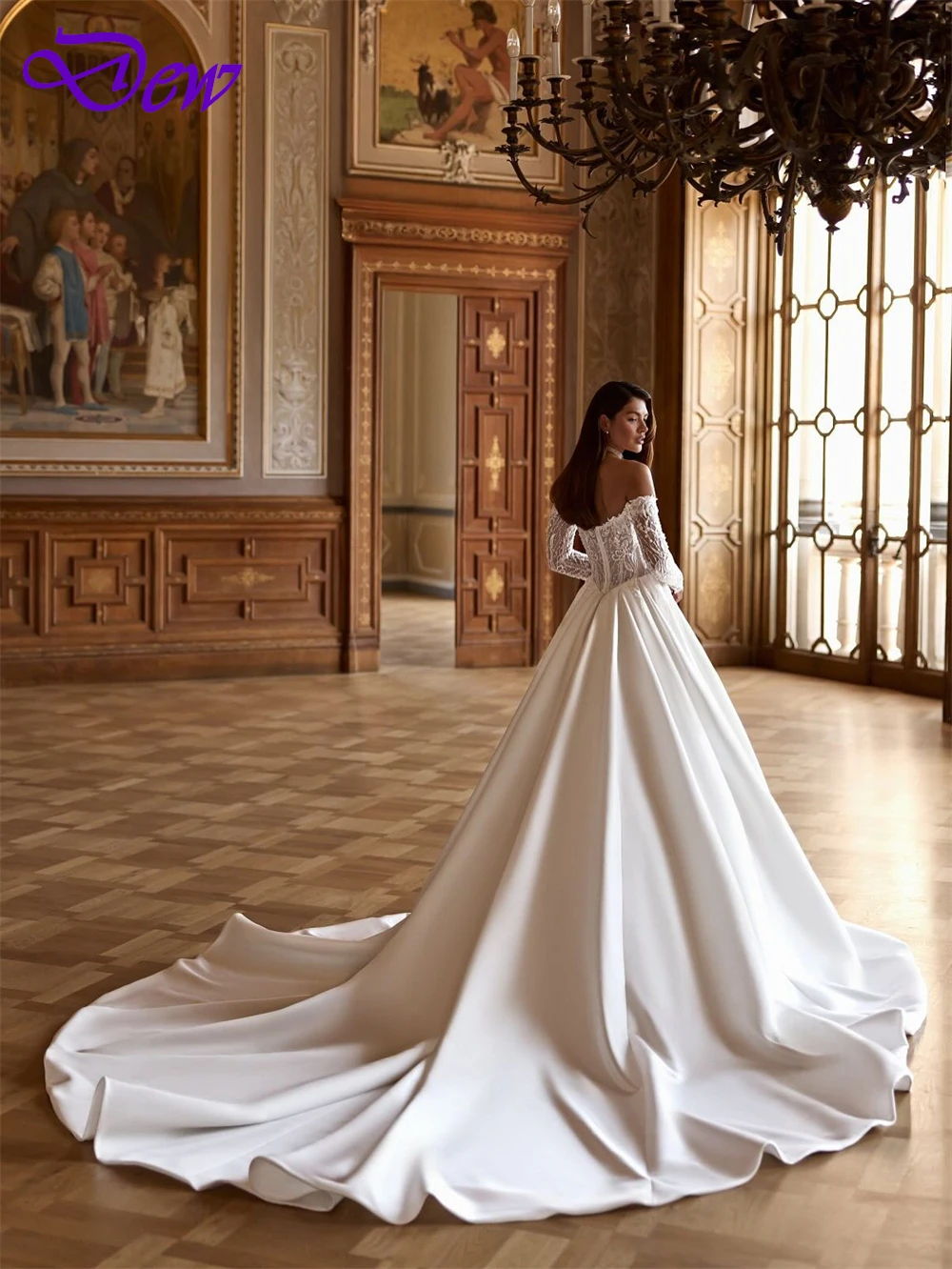 فستان زفاف أنيق من الساتان الأبيض مخصص رسمي على شكل قلب وأكمام طويلة رداء de mariée ناعم على شكل حرف a ذيل شابيل زي العرائس