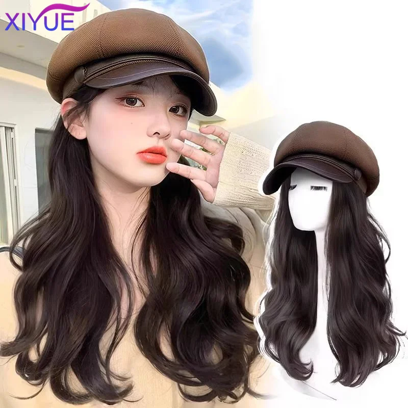 Synthetic Long Wavy Panama Autumn and Winter Women's Warm Duck Tongue Beret Wig Elegant Artistic Painter Octagonal Hat Cap wig