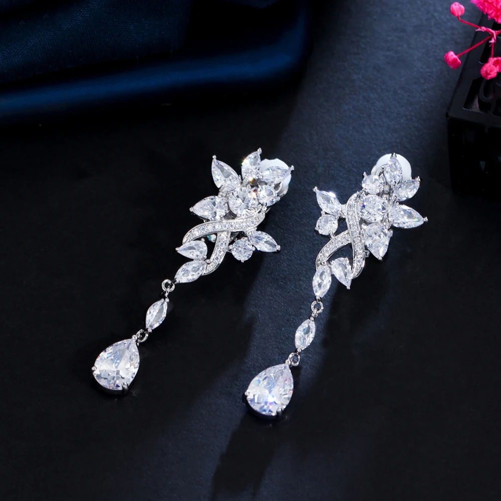 BeaQueen Sparkling Cubic Zirconia Crystal Non Pierced Clip On Dangle Drop Long Earrings for Women Engagement Dress Party E496