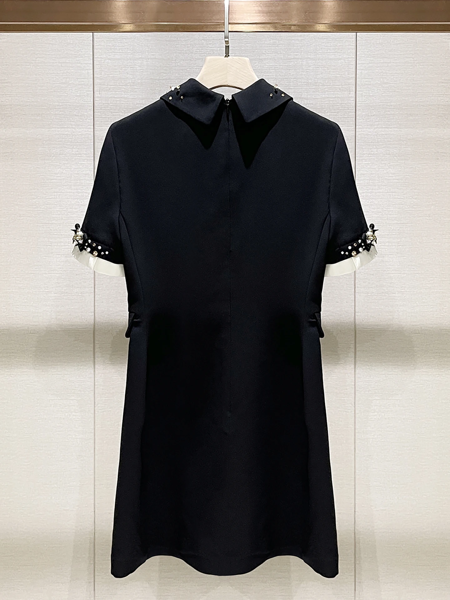 Ele Bla ort Sve col de poupée Dr décontracté été taille haute jupe trapèze trajet Sle embelli avec des perles