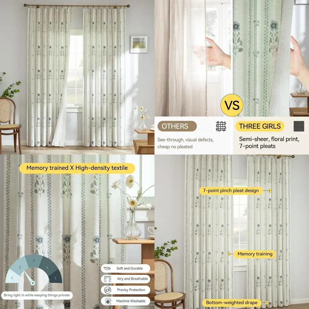 

Linen Floral Light filtering Curtains 84 Inches Pinch Pleated, Semi Sheer Drapes with Cosmos Print, Privacy Window Treatments, 2