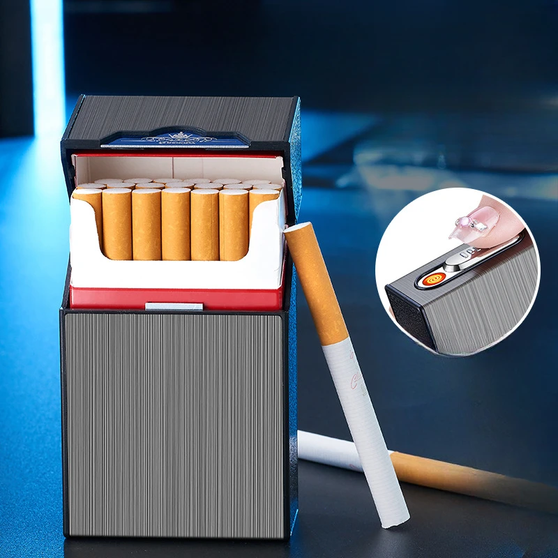 New 20 Pack USB Charging Windproof Cigarette Box Lighter Portable Waterproof and Anti Pressure Lighter Smoking Accessories Gift