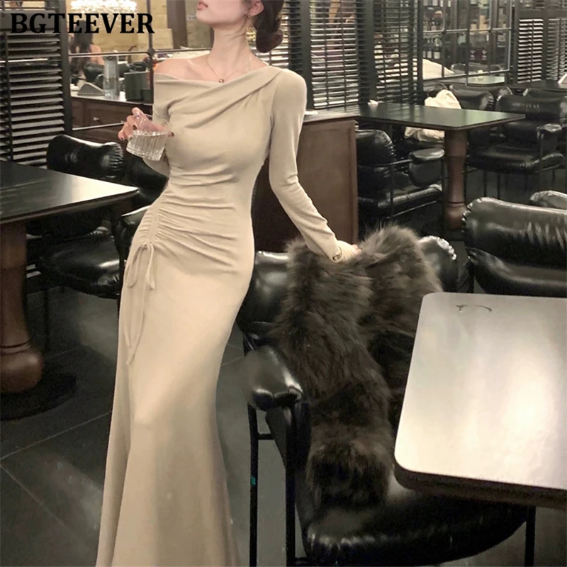 

BGTEEVER Stylish Long Sleeve Women Swinging Collar Knitted Package Hip Dress Autumn Winter Slim Waist Lace-up Women Skinny Dress