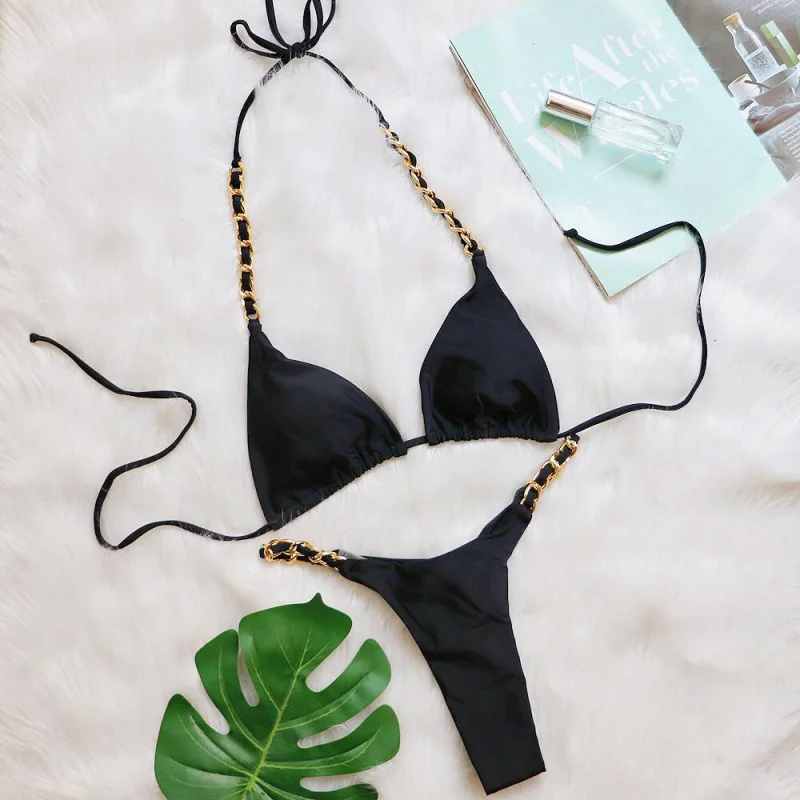 

Sexy Thong Bikini Metal Chain Braided Rope Swimsuit Two-Piece Tie Swimwear