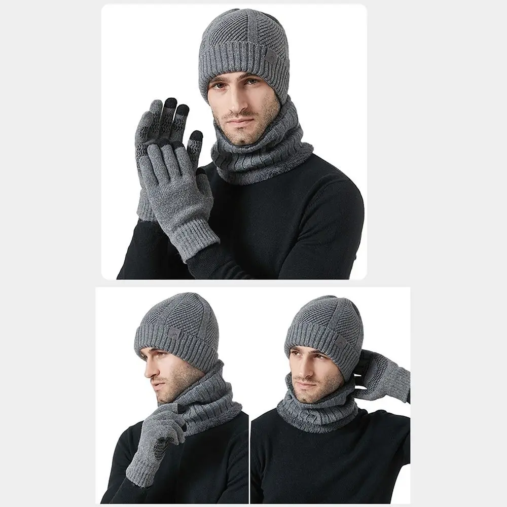 3Pcs/Set Warm Winter Hat Scarf Gloves Set Lining Thicken Knit Beanie Snood Set Elastic Windproof Scarf Neck Warmer Suit for Men