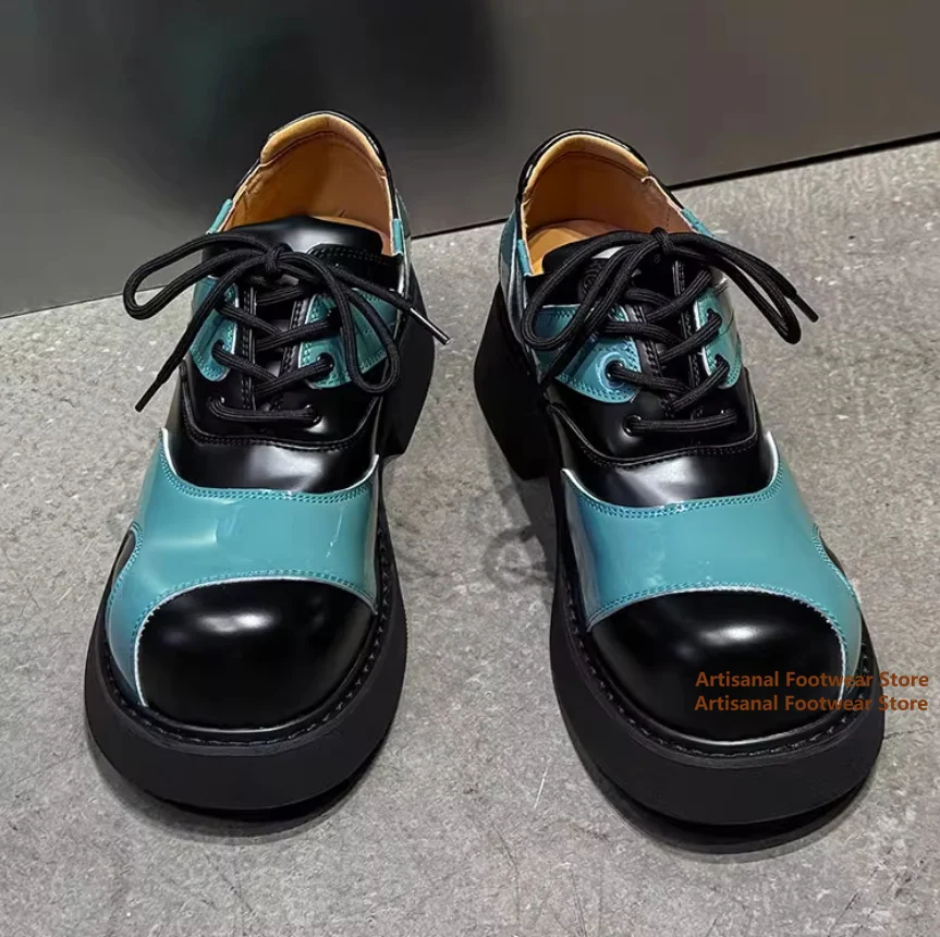 

Vintage Color-Block Derby Shoes Single Shoe Men's Round Toe Thick Sole 5Cm Height Increasing Derby Shoes Trendy Men's Shoes