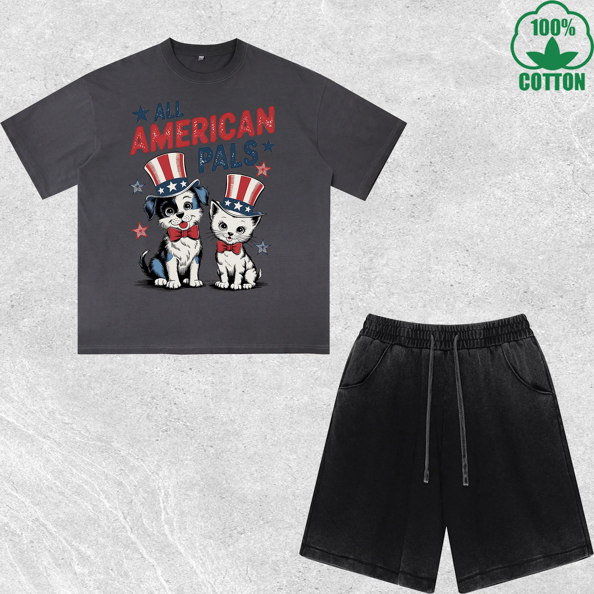 

All American Girl Printed Dirty Wash T-Shirt Shorts Set Multicolor Combo Loose Trendy 100%Cotton