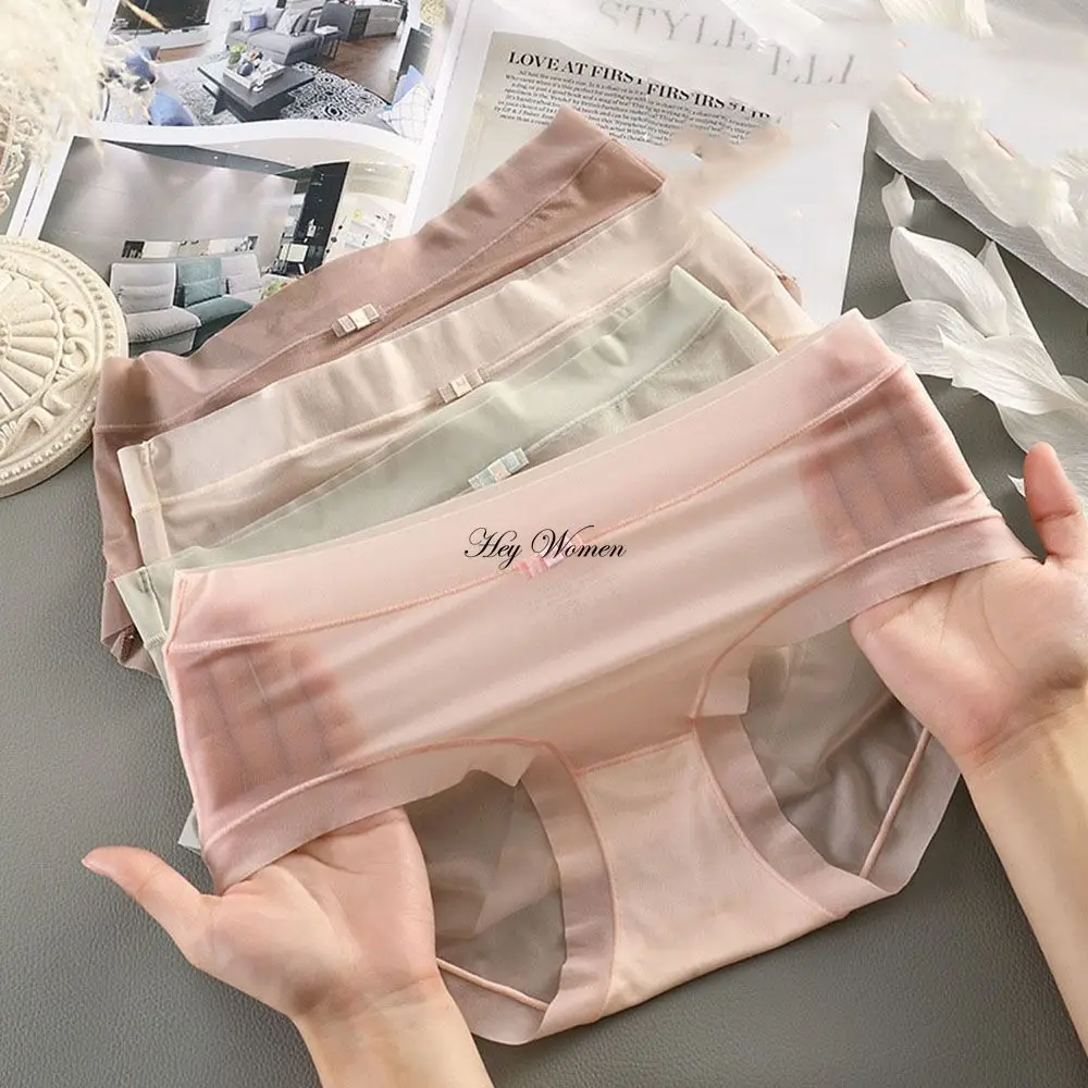 Ice Silk Panties for Women Sexy Transparent Briefs Seamless Breathable Middle Rise Underpants Comfort Soft Underwear Women