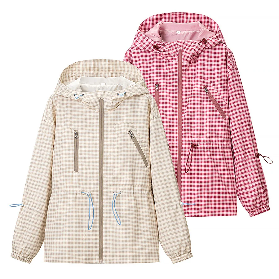 Chaqueta con Capucha de Cuadros Vichy, Cintura Ajustable con Cordón, Bolsillos con Cremallera, Puños Elásticos, Ligera, Holgada, Informal, para Exteriores, Gabardina para Mujer 260602