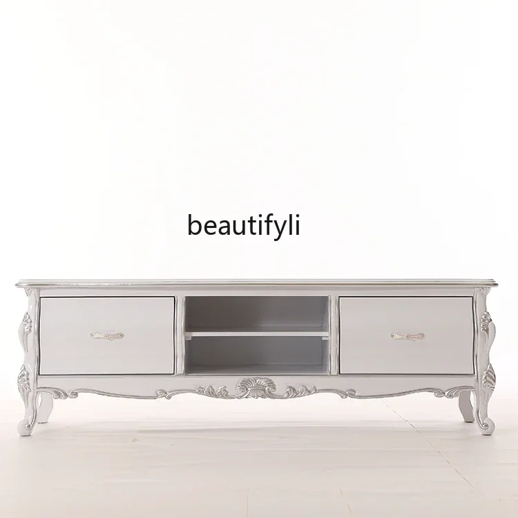 C85 European-Style TV Cabinet and Tea Table Combination Neoclassical Solid Wood Living Room Simple Floor Cabinet TV Cabinet