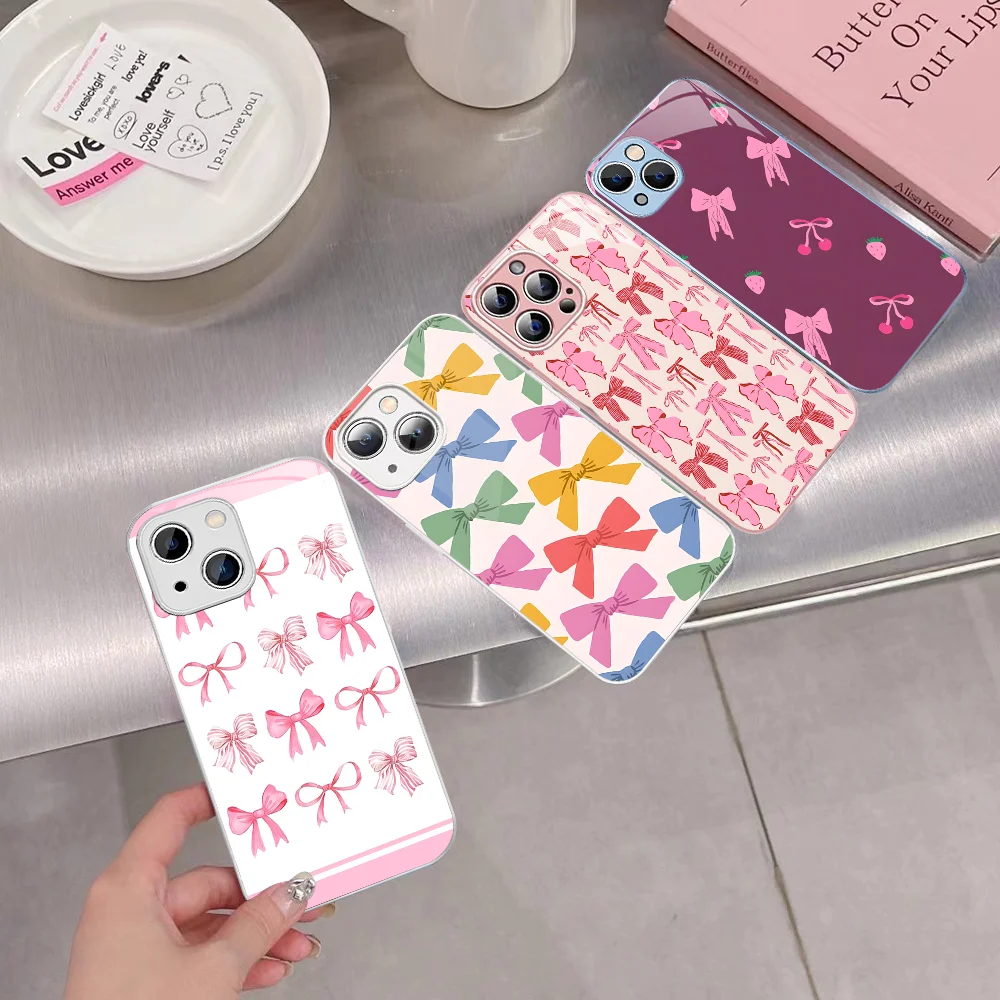 

Colorful Bow Print Phone Case Tempered Glass For Iphone 14 13 12 11 Pro Mini XS MAX 14Plus X XS XR Cover