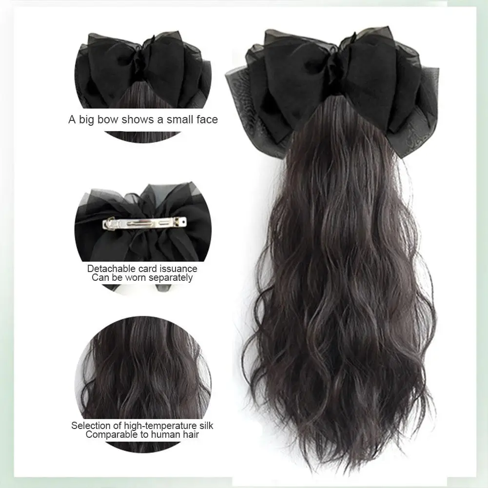 Bow Wig Women\'s Medium Length Hair Detachable Bow High Ponytail Water Ripple Low Tie Wig Braid