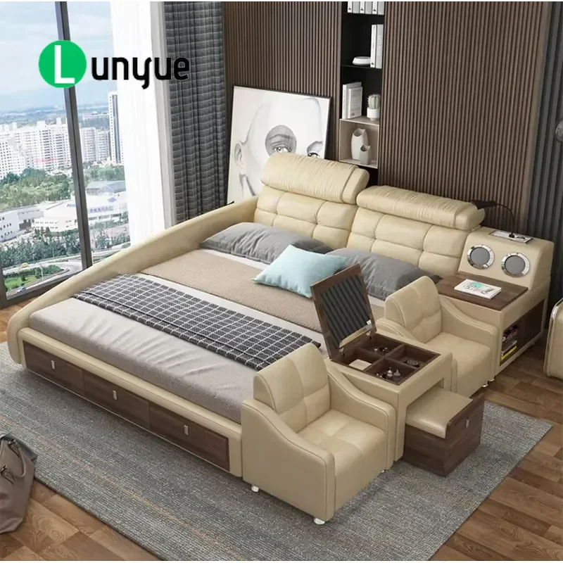 Multifunctional Smart Fabric King Bed with Baby Game Fence Dresser Mirror and Speaker Deluxe Modern Bedroom Furniture Set
