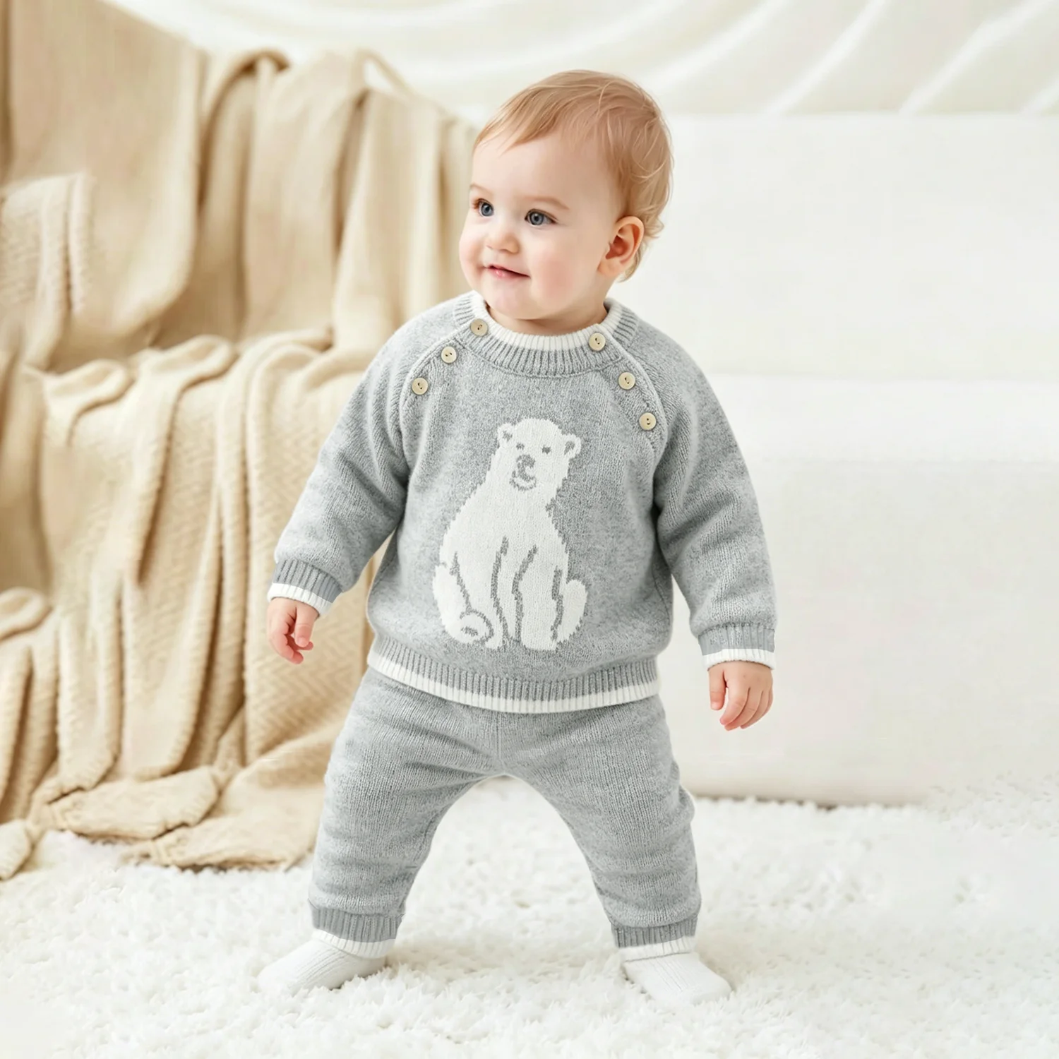 Baby 2Pcs Knitted Outfit Set 0‑3Y Toddler Boys Girls Bear Pullover Sweater Pants Long Sleeve Infant Autumn Winter Clothes Suit