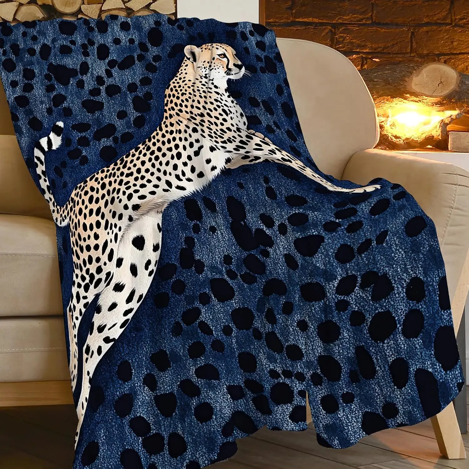 Dark Blue Leopard Spot Background Jumping Cheetah Flannel Throw Blanket Soft Warm Cover for Sofa Bed Wild Animal Bedroom Decor