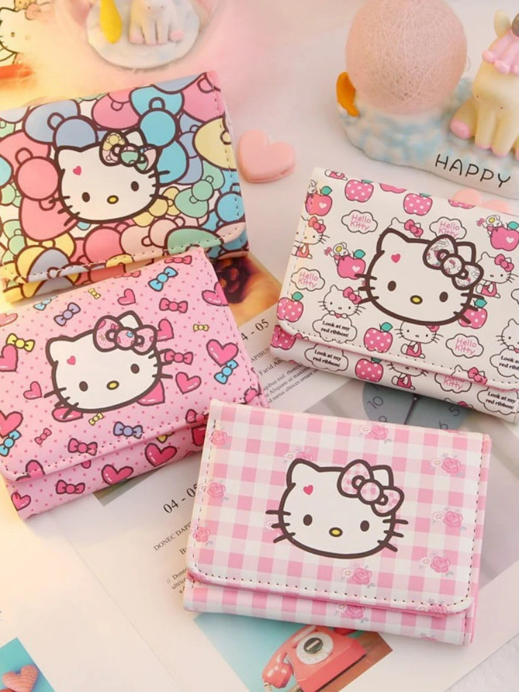 Portefeuille Portable mignon de dessin animé japonais pour femmes, court, petit cœur frais pour filles, porte-monnaie pliable princesse Hello Kitty