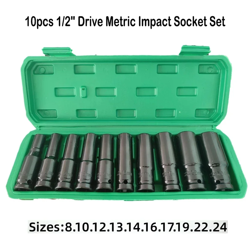 1/2Inch Drive 6-Point Impact Socket Set 10-Piece Metric Sizes 8-24m Carbon Steel Impact Socket Set Pneumatic Repair Tools