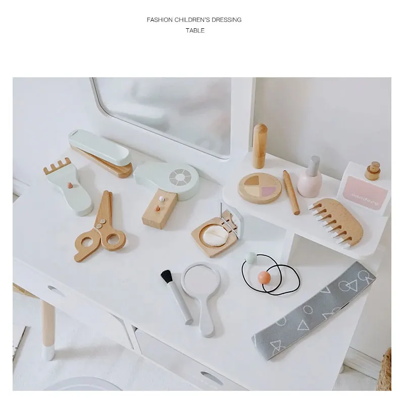 High Quality Wooden Wholesale Early Educational Kids Pretend Play Toy Set Vanity Table With Simulation Make Up Dresser For Girls