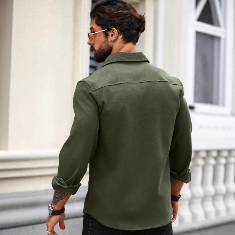 2026 New Mens Pocket Shirt Long Sleeve Solid Color Single Breasted Lined Autumn American Casual Business Button Down shirts for