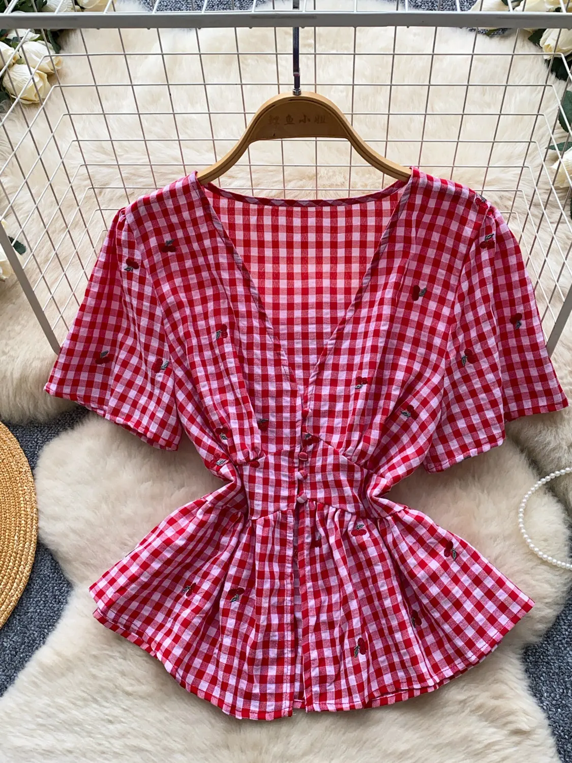

Women's Red Plaid Blouses and Shirts Korean Style Short Sleeve V-neck Shirt Elegant Sweet Fashion Blouse for Women Summer 2026