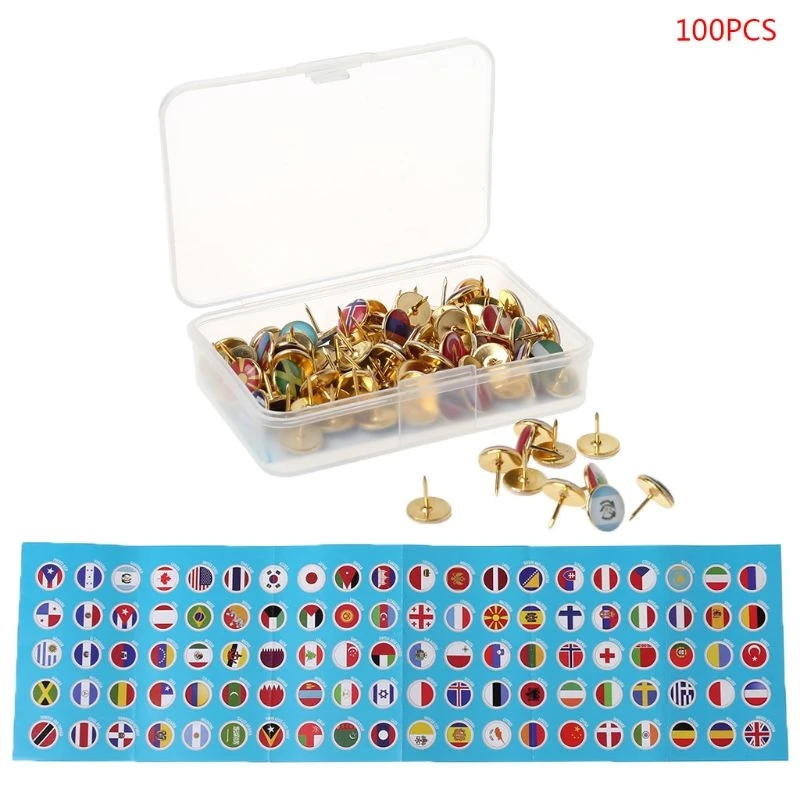 100pcs/box Map Tacks National Flag Glue Thumbtack Push Pins Notice Board Markers Office School Supply M16 22