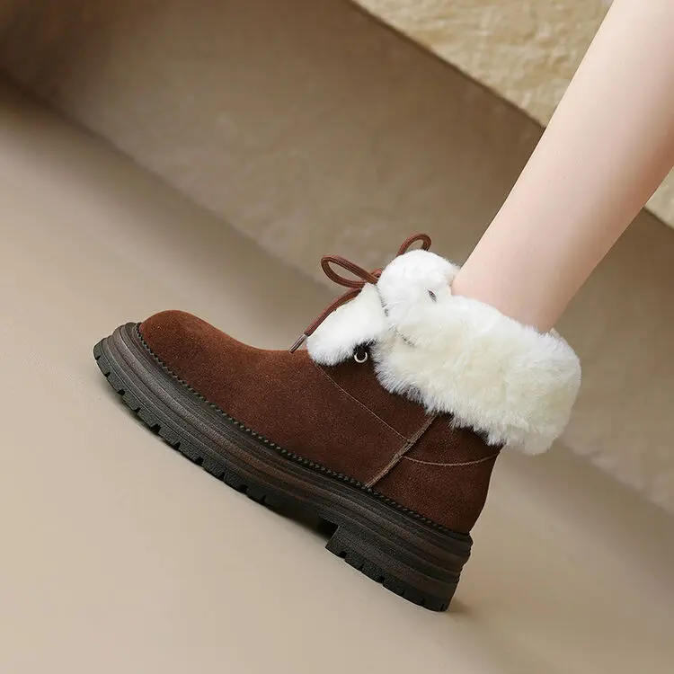 Fashion Brown Suede Women Winter Boots Platform Warm Short Snow Botas Lace Up Lamb Wool Botines Femmes Med Heels Chaussure Mujer