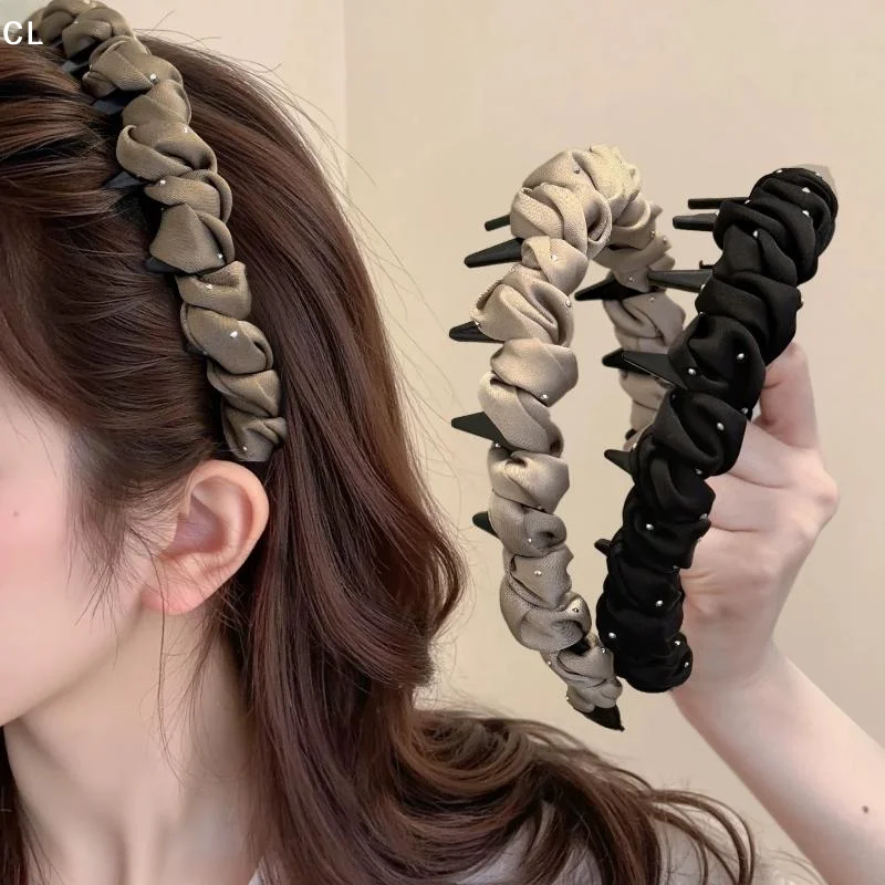 

AttireTrove1Pcs Korean Style Rhinestones Toothed Non-slip Hair Band Elegant Temperament Pleated Fabric Headband For Woman