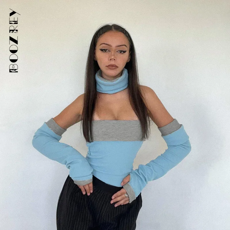 

BoozRey 2024 Autumn One Shoulder Backless Skinny Sleeve Set Solid Turtleneck Long Sleeve Skinny Streetwear for Women Clothing