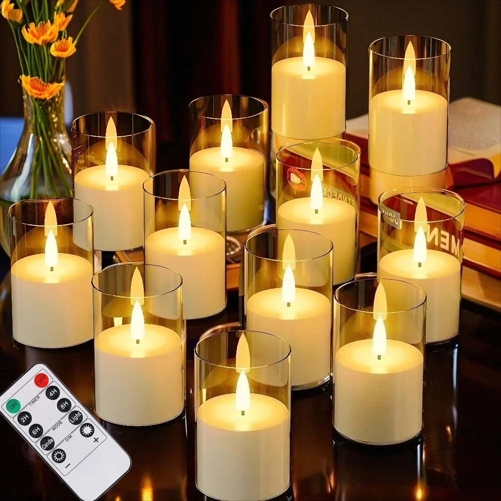

6/12 упаковок мерцающих беспламенных светодиодных свечей с таймером 2/4/6/8 ч, дистанционным управлением от батареи, небольшой колонш и вотивная свеча, домашний декор