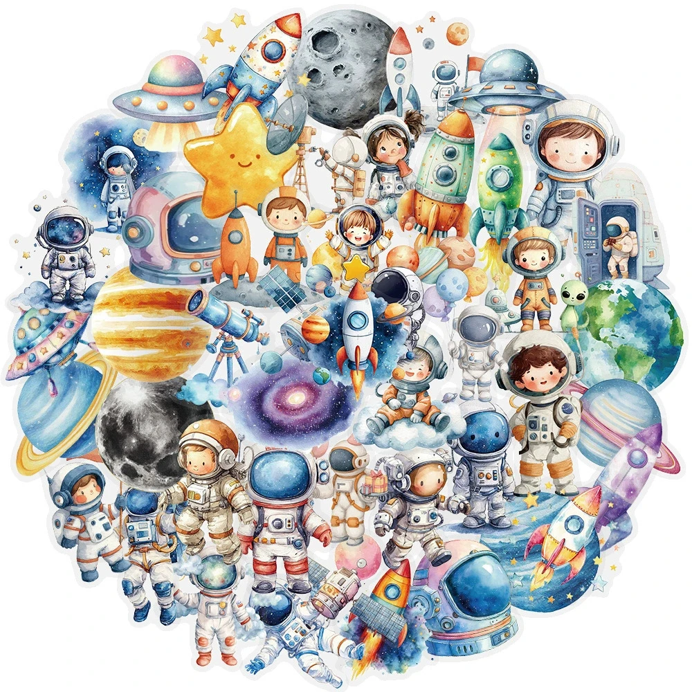 10/30/50 Uds. Pegatinas de dibujos animados de astronauta espacial creativo y divertido, calcomanías de decoración bonitas, pegatina transparente para maleta de monopatín DIY