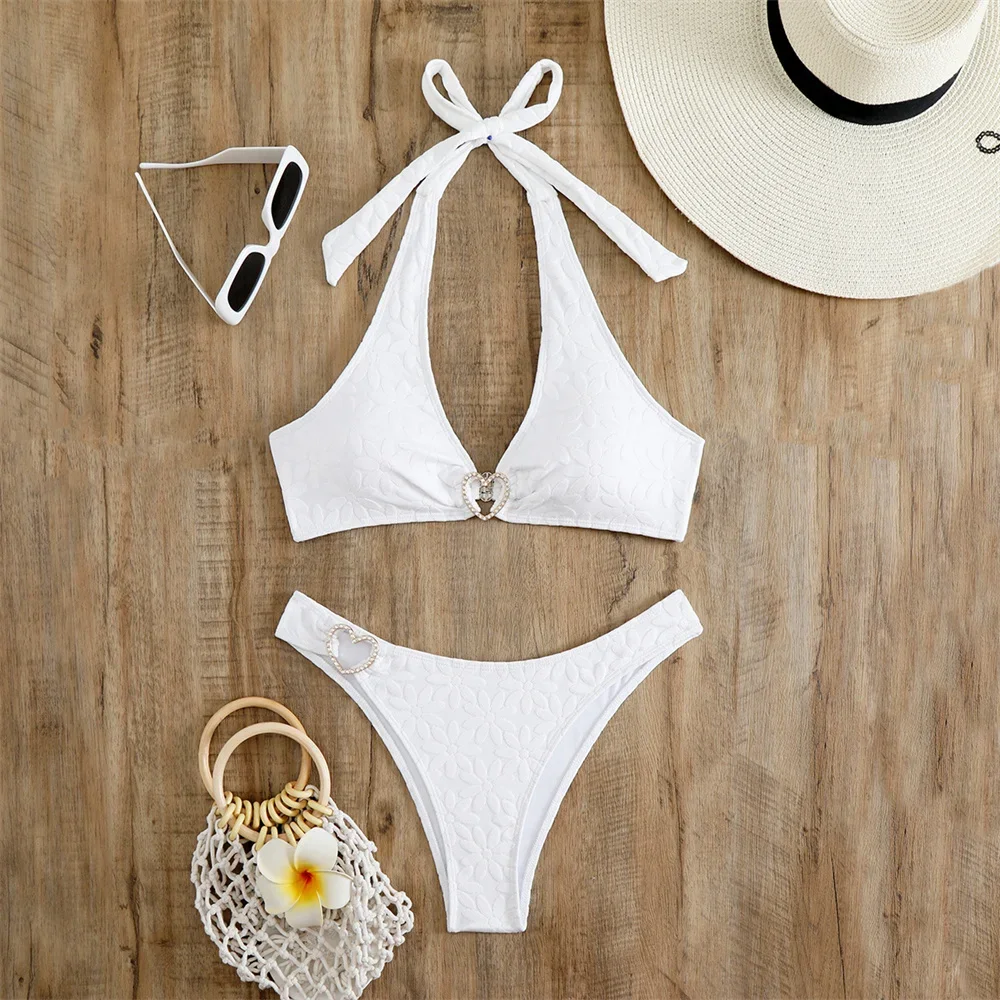 White Bikini Floral Jacquard Swimsuit Rhinestone Heart Halter Bandage Push Up Micro Bikinis Swimwears Women Beach Set Bath Suits