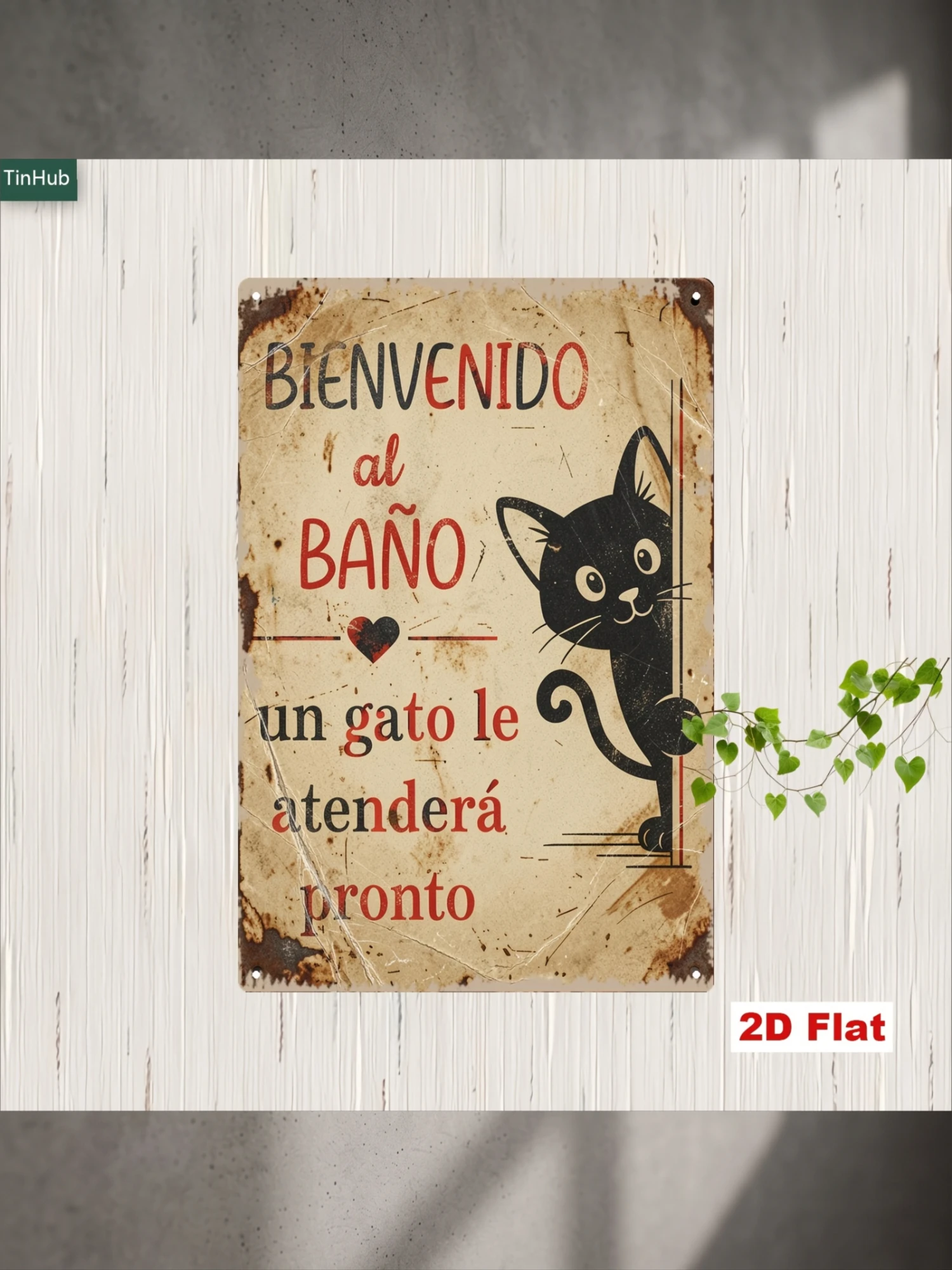 2D Flat 1pc Metal Sign, Retro Spanish Quote, Black Kitten Pattern, with a Humorous Slogan of Welcome to The Bathroom, a Cat Will Serve You Soon, Suitable for Home Bar Cafe Bathroom Decoration, Fun Cat Sign, Creative Wall Sticker