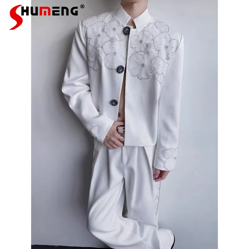 

2025 Autumn New Fashion Mesh Gauze Floral Embroidery Tailored Coats Gentleman Stand Collar Blazers Men's Stylish Suit Jackets