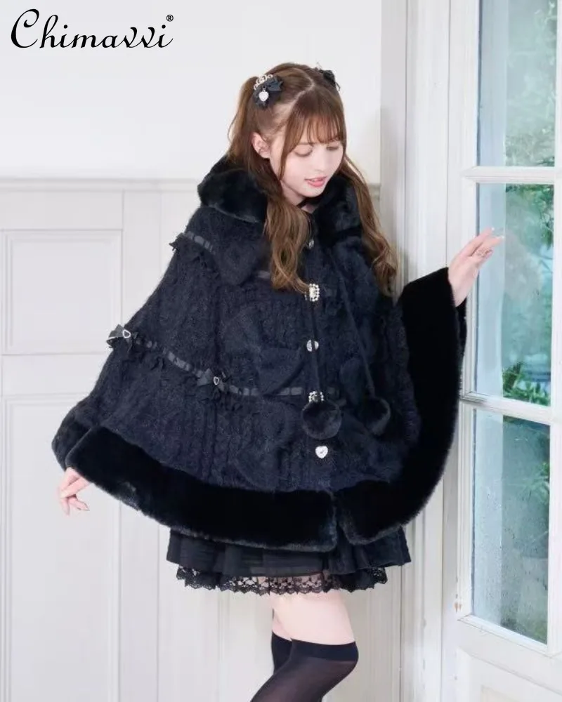 

Japanese Liz Sweet Bowknot Pom-pom Cape Coat Autumn and Winter New Super Fairy Cute Girl Women Loose Lolita Cloak Ponchos