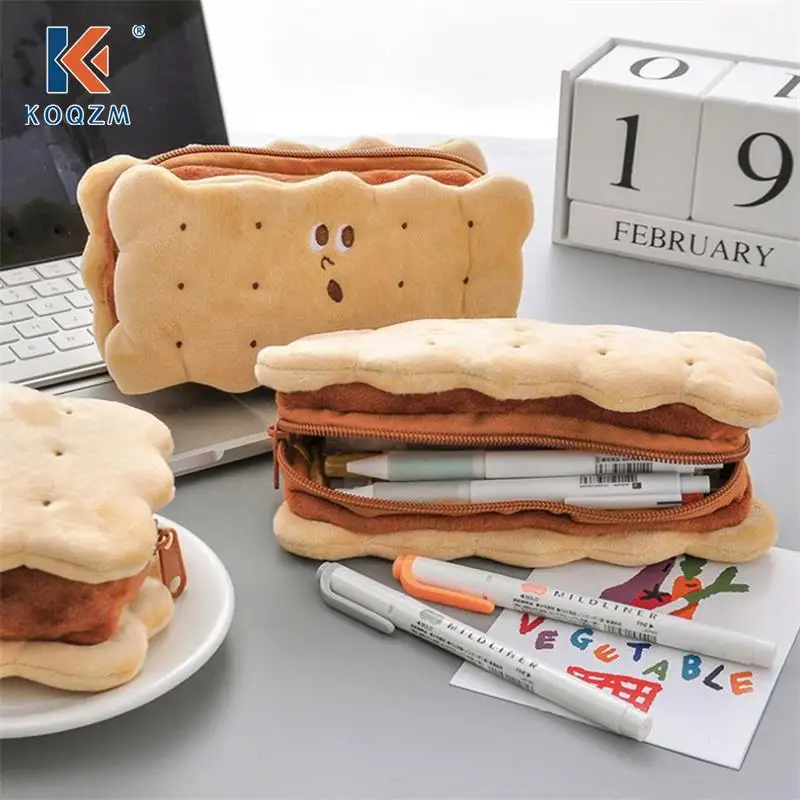 Pencil Box Kawaii Biscuit Shape Plush Cookies Pencil Bag Large-capacity Cute Cookies Pencilcase School Supplies Stationery