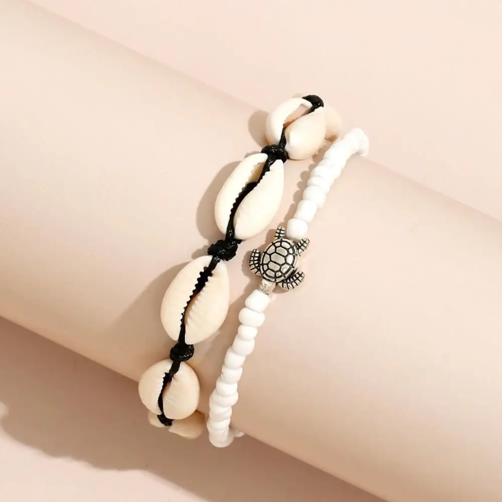 2개 세트 개성있는 조개 모양 쌀알 비즈 발찌 세트, 합금 꼬임 로프 민족풍 빈티지 체인 비치 스타일